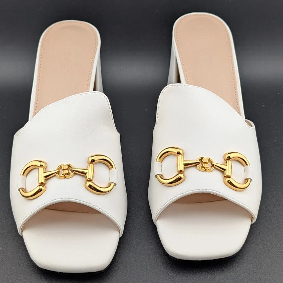 Coutgo Women's Size 9.5 Square Open Toe Chunky Heel Sandals Slip-On Slides Chain SoleComfort.shoes