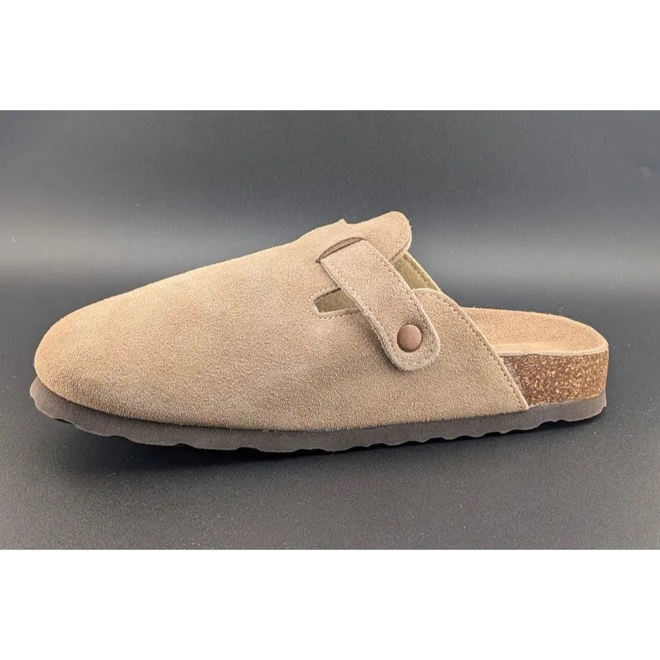 KIDMI Women's EU39 (US 8-8.5) Suede Clogs w/ Back Strap Leather Mules Cork Footbed Slip on SoleComfort.shoes
