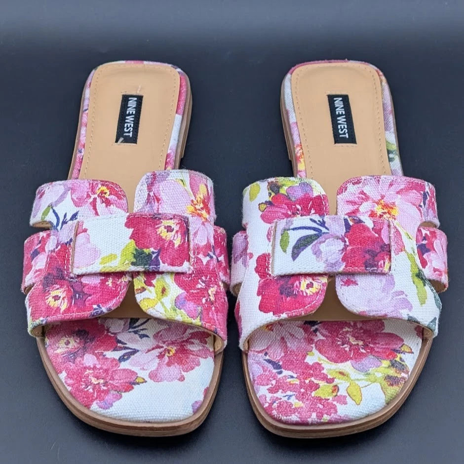 Nine West Size 9 Germani Light Natural Flat Slide Sandals Floral SoleComfort.shoes