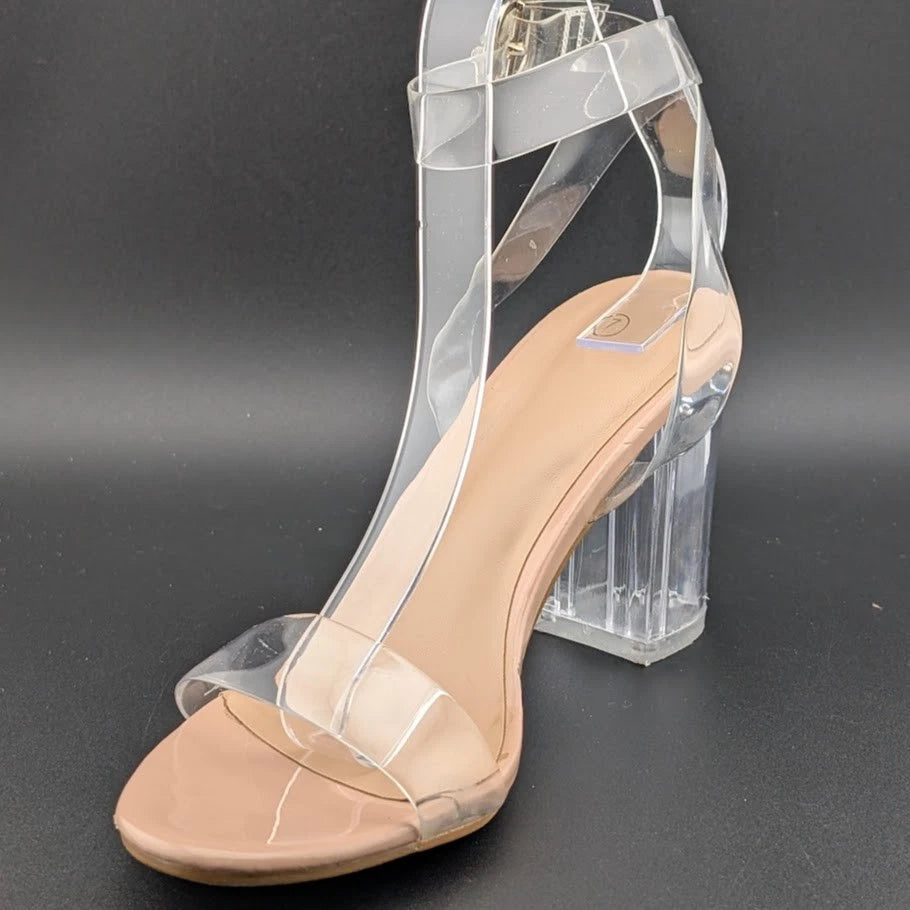 Women's Size 7 Clear Heeled Sandals Ankle Strap Block Chunky Heel Open Toe SoleComfort.shoes