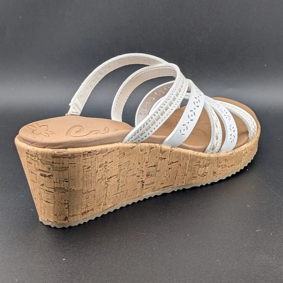 Skechers Cali Size US 11 Luxe Foam Tan White Cork Wedge Heel Sandals 31714/WHT SoleComfort.shoes