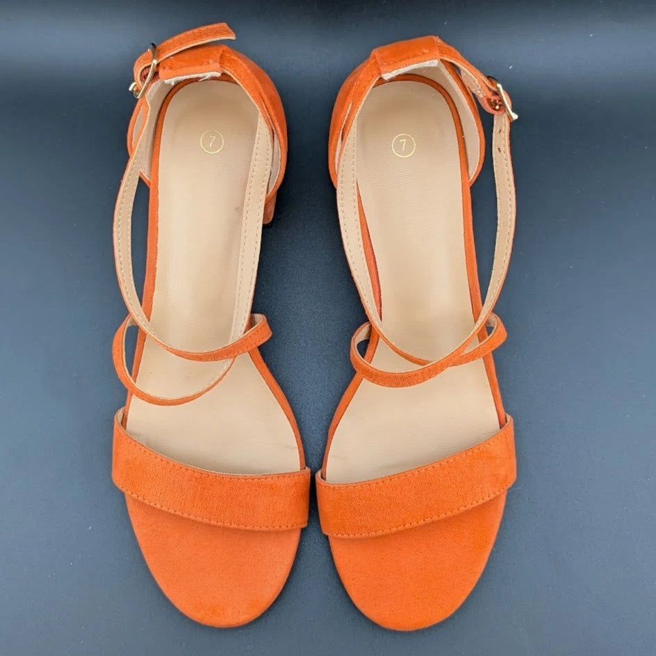Women Size 7 Chunky Heel Cross-Strap Sandals Open Toe Wedding Dress Faux Suede SoleComfort.shoes