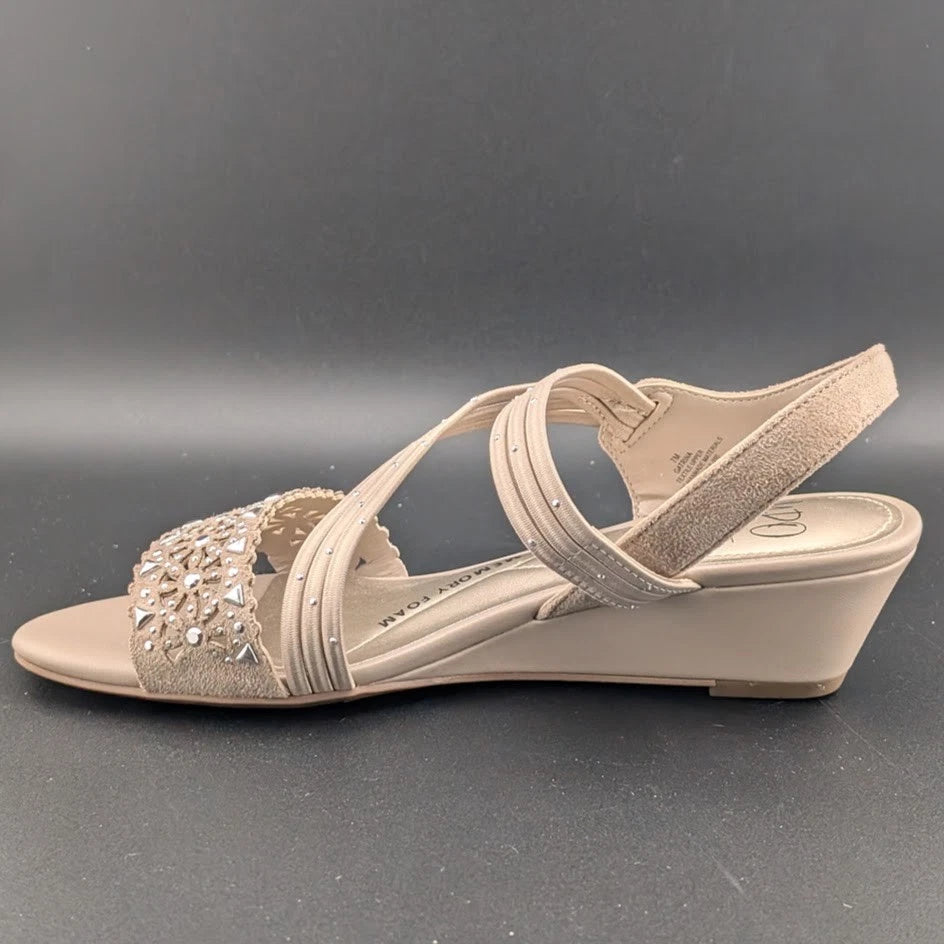 NWB Women's Sz 7M IMPO Gatrina Embellished Stretch Wedge Sandals, Praline SoleComfort.shoes
