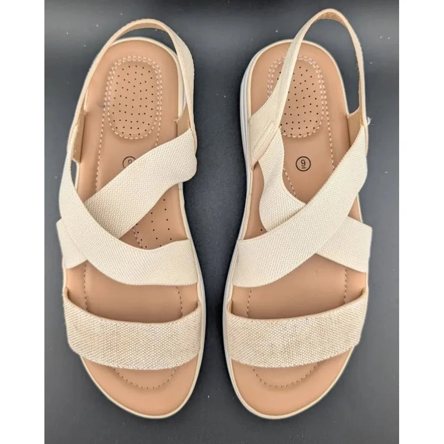 mysoft Sz 9 Women's Walking Sandals Air Cushion Slingback Natural (Tan) Elastic Platform Shoes SoleComfort.shoes