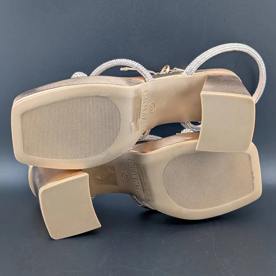 Women's Size 6.5 Bronze Metallic Platform Strappy 4" Block Heels w/ Rhinestones SoleComfort.shoes