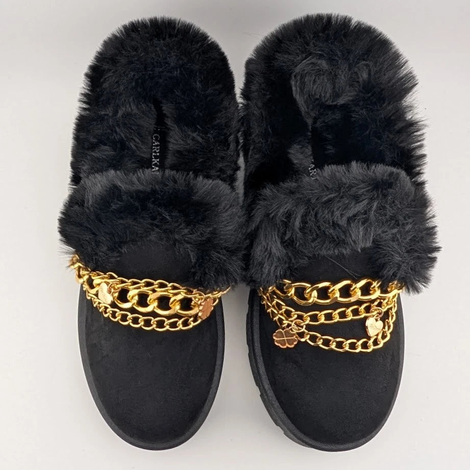 Carlkarida Size 7 Black Faux Fur Textile Suede Booties w/ Charm Bracelet JW2006 SoleComfort.shoes