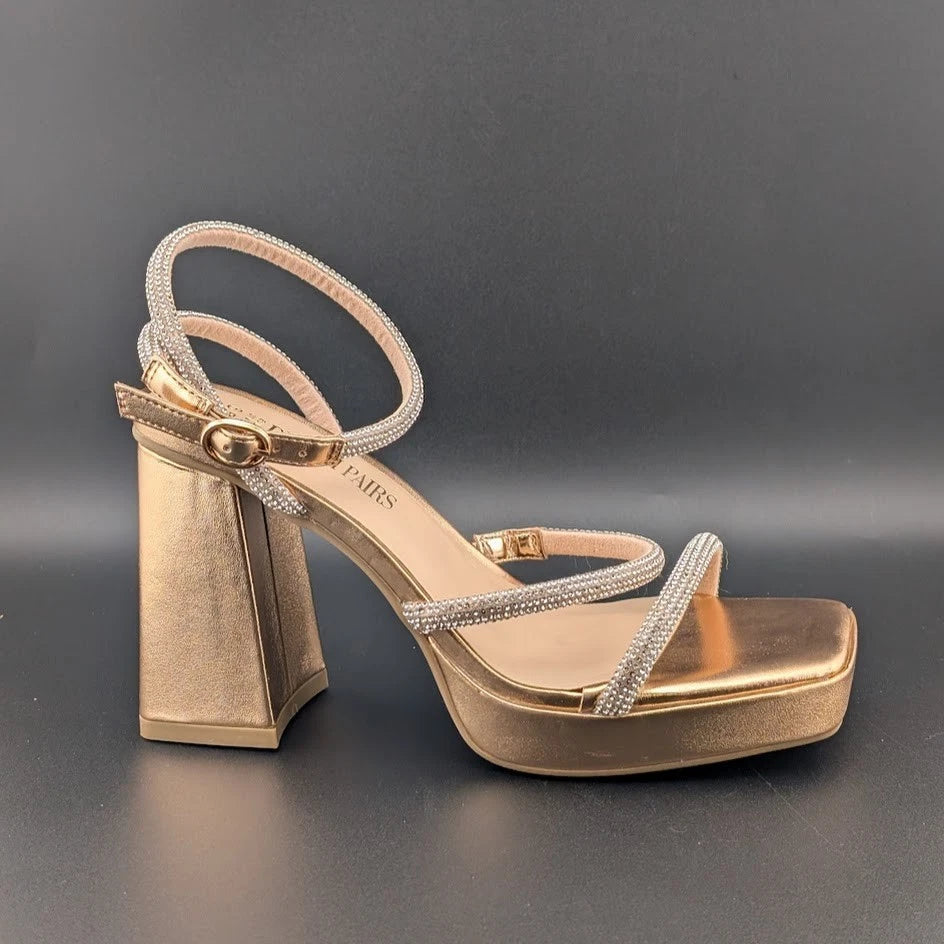 Women's Size 6.5 Bronze Metallic Platform Strappy 4" Block Heels w/ Rhinestones SoleComfort.shoes