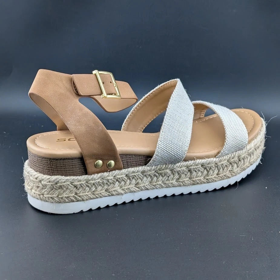 Women's Size 10 Soda Bryce Espadrille Ankle Strap Platform Sandal Light Brown SoleComfort.shoes
