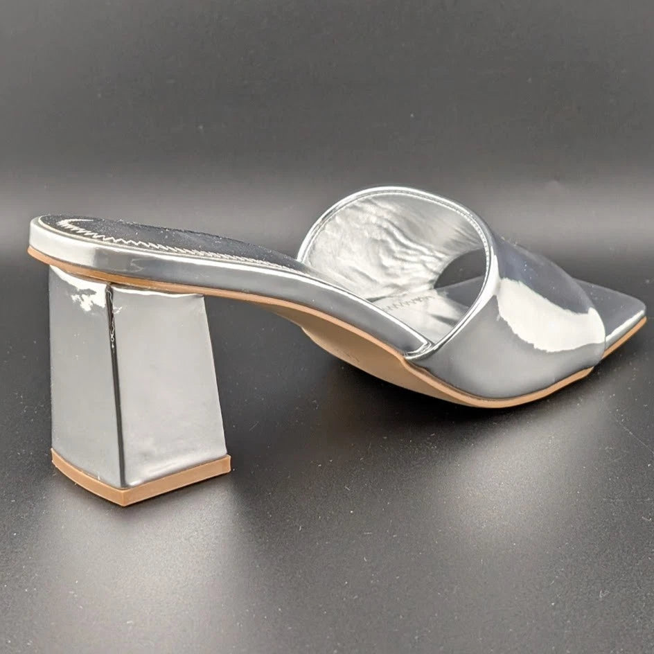 Carl Karida Size 7.5 Women's Silver Metallic Slip On Chunky Heeled Mules Luxury SoleComfort.shoes