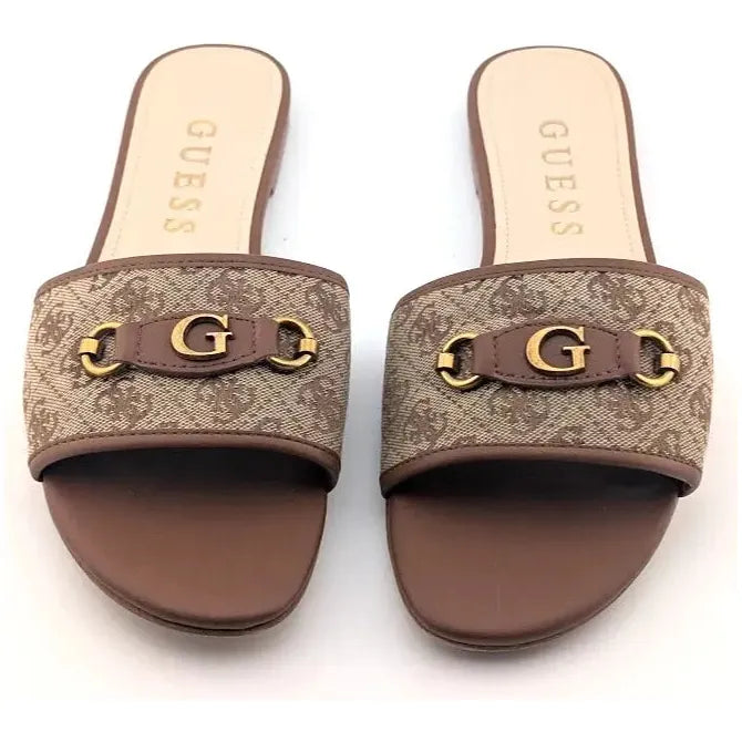 Pre-Owned Guess "Hammi" Women's Size 11 Slide Sandal Medium Brown with Medallion - SoleComfort.shoes