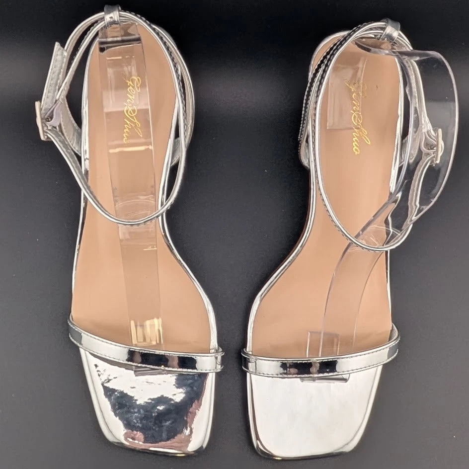 Women Size 10 Silver Comfort Thong Sandals w/Ankle Wrap Strap Square Toe 3" Heel SoleComfort.shoes