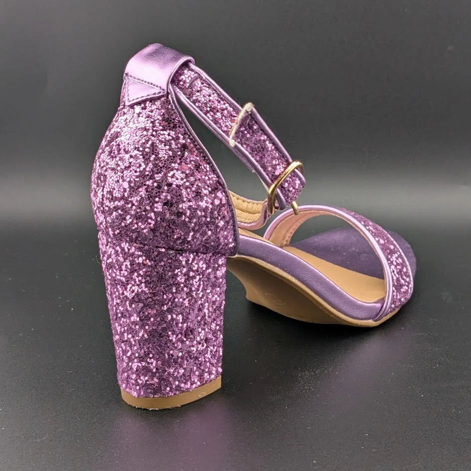 Women Sz 5.5 Wedding Party Heel Glitter Pagent Sandals Low Heel Open Toe Dress SoleComfort.shoes