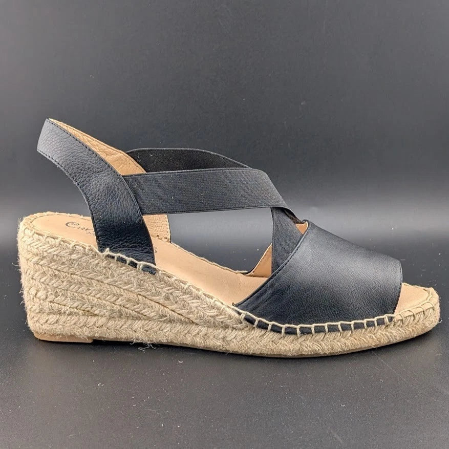 Women Size 9.5-10 (EU 40) Leather Espadrille Wedge Sandal Crossed Strap Peep Toe Made: Spain SoleComfort.shoes