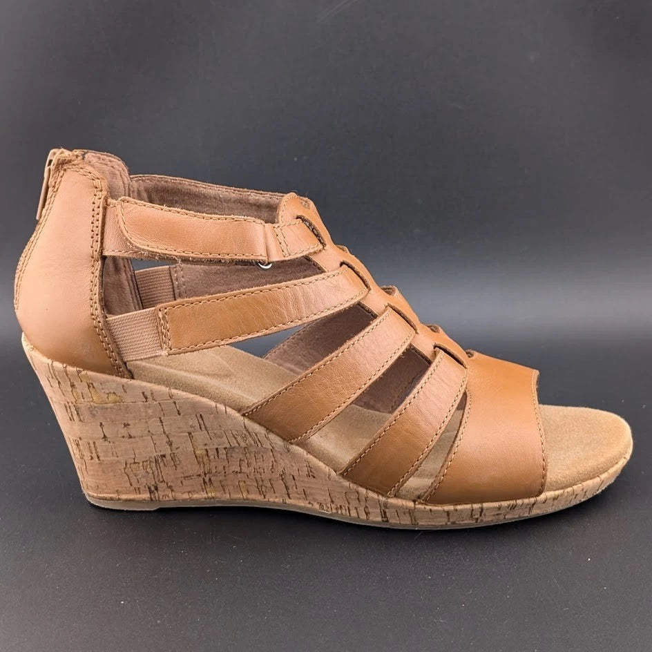 Rockport Briah Gladiator Wedge Sandal Women 6.5 Tan Leather Strap BX1984 EUC SoleComfort.shoes