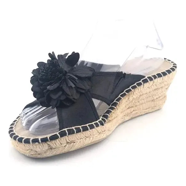 Montego Bay Club Black Fabric Flower Espadrille Wedge Sandal US size 8M - SoleComfort.shoes