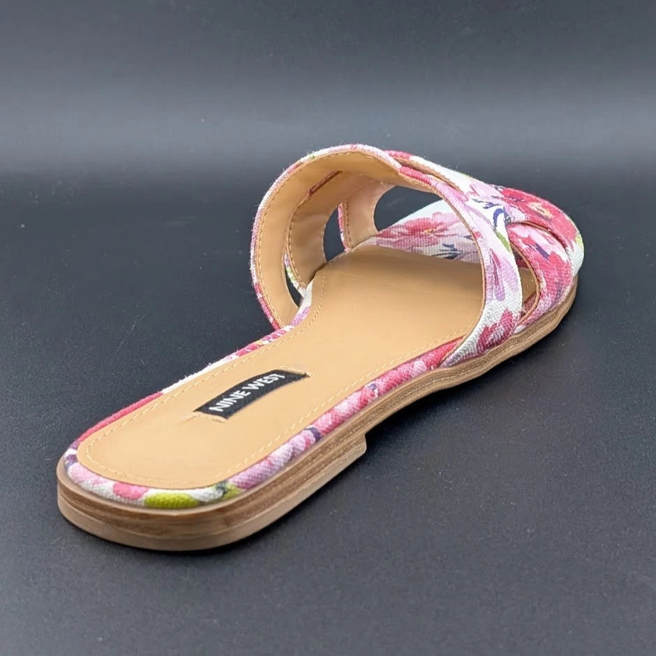 Nine West Size 9 Germani Light Natural Flat Slide Sandals Floral SoleComfort.shoes