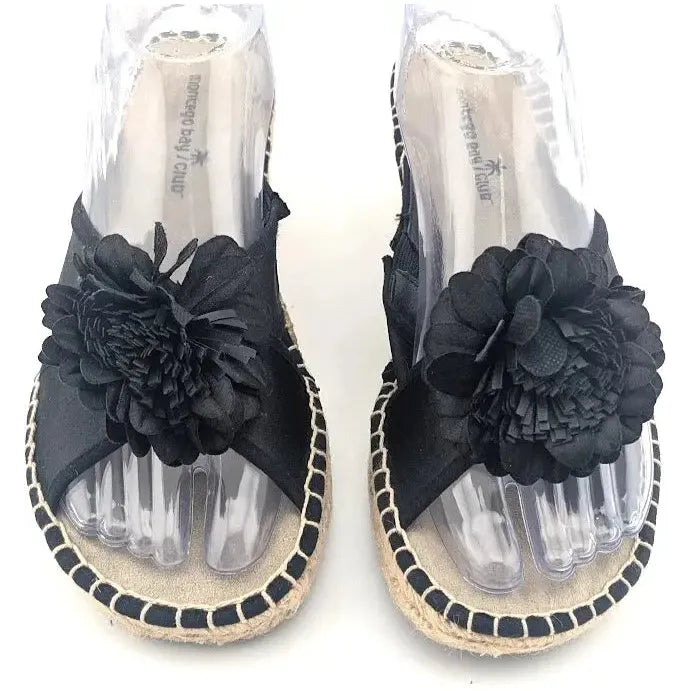 Montego Bay Club Black Fabric Flower Espadrille Wedge Sandal US size 8M - SoleComfort.shoes