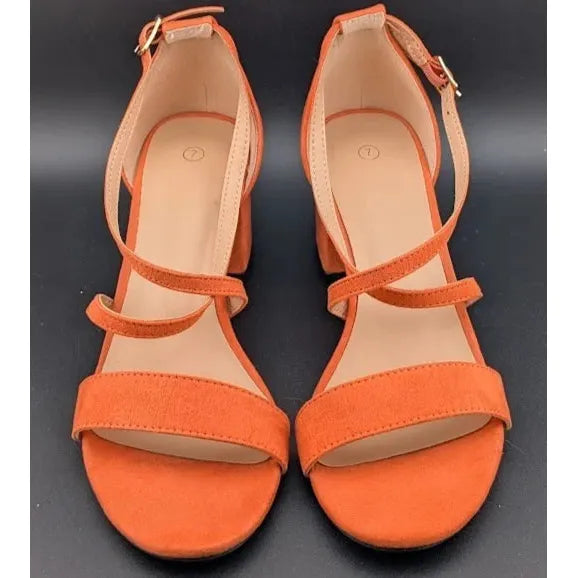 Women Size 7 Chunky Heel Cross-Strap Sandals Open Toe Wedding Dress Faux Suede SoleComfort.shoes