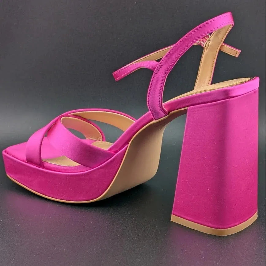 NEW | Jewel Badgley Mischka Sz 8 Rainbow Chunky Platforms Pink Satin JW4628 SoleComfort.shoes