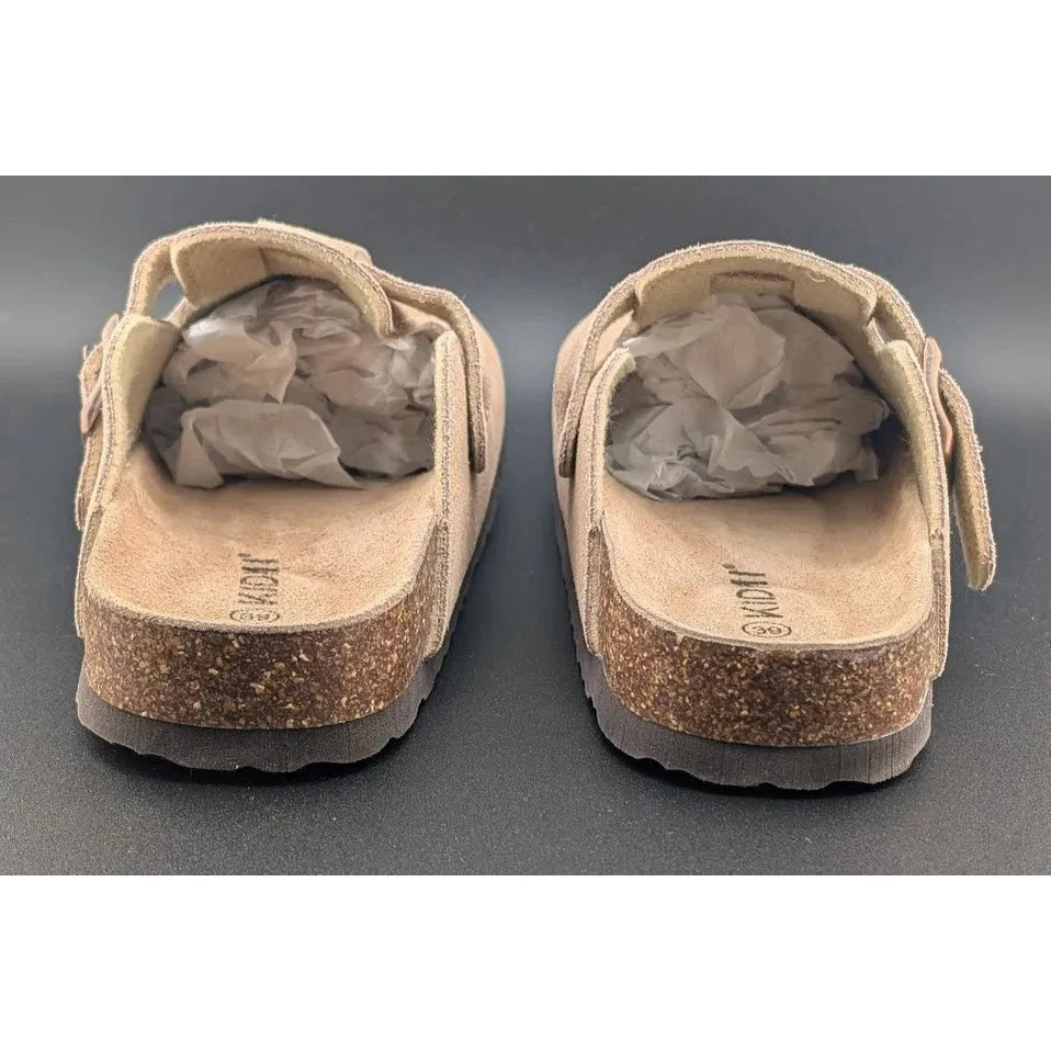 KIDMI Women's EU39 (US 8-8.5) Suede Clogs w/ Back Strap Leather Mules Cork Footbed Slip on SoleComfort.shoes