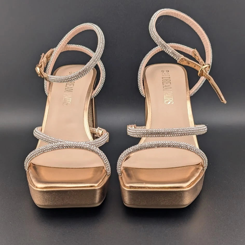Women's Size 6.5 Bronze Metallic Platform Strappy 4" Block Heels w/ Rhinestones SoleComfort.shoes