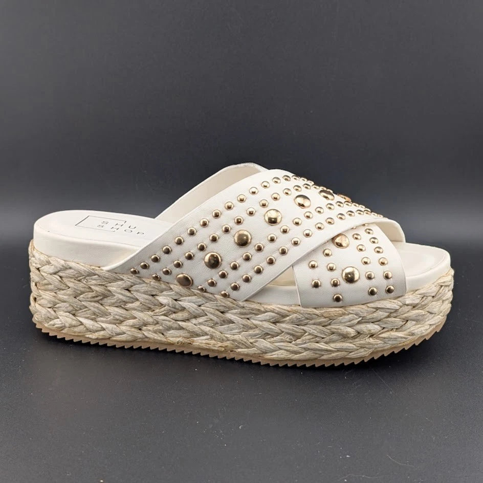 SHUSHOP Kaia | Womens 8M| Platform Sandals Bone w/ Gold Studs | New in Box SoleComfort.shoes