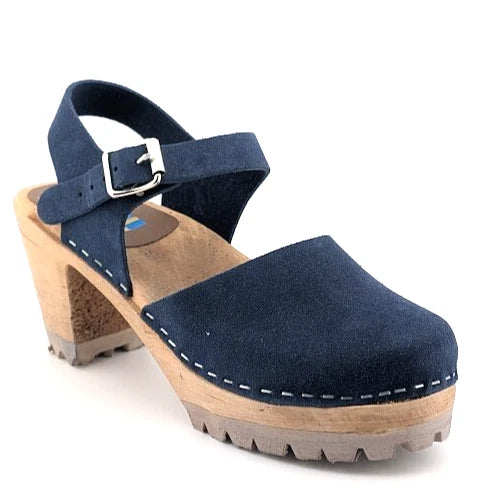 Mia Abba Mule Clog Leather Suede Ankle Strap Wooden High Heel Blue Women Size 8 / 38