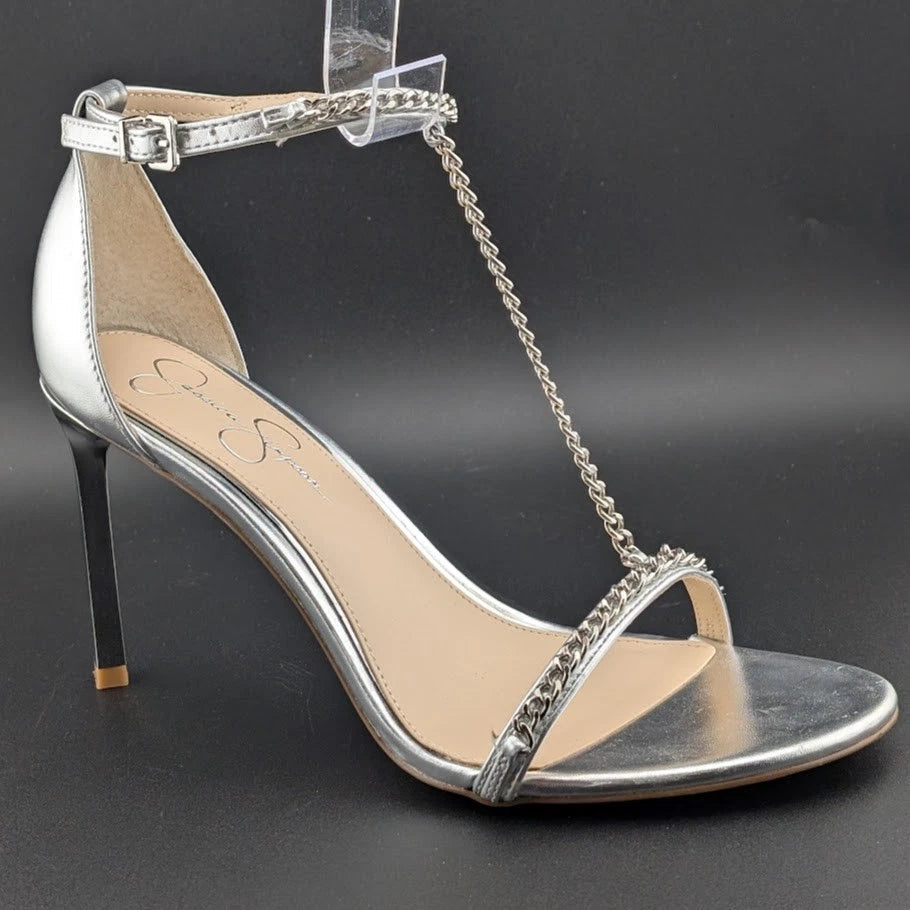 Jessica Simpson Size 9. 5 Qiven Faux Leather 4-in Heels T-Strap Chain Silver NEW SoleComfort.shoes