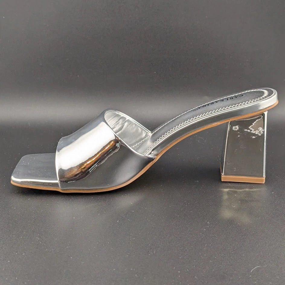 Carl Karida Size 7.5 Women's Silver Metallic Slip On Chunky Heeled Mules Luxury SoleComfort.shoes