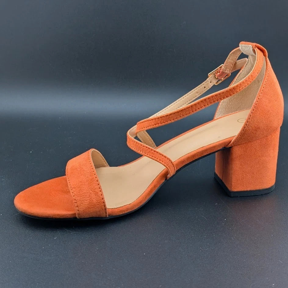 Women Size 7 Chunky Heel Cross-Strap Sandals Open Toe Wedding Dress Faux Suede SoleComfort.shoes