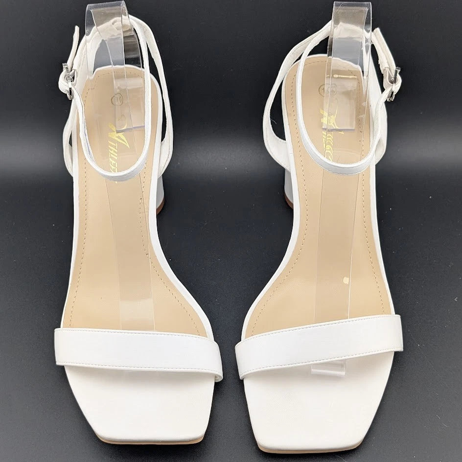 Women Size 10 White Comfort Sandals w/Ankle Wrap Strap Square Toe 4" Round Heel Athlefit