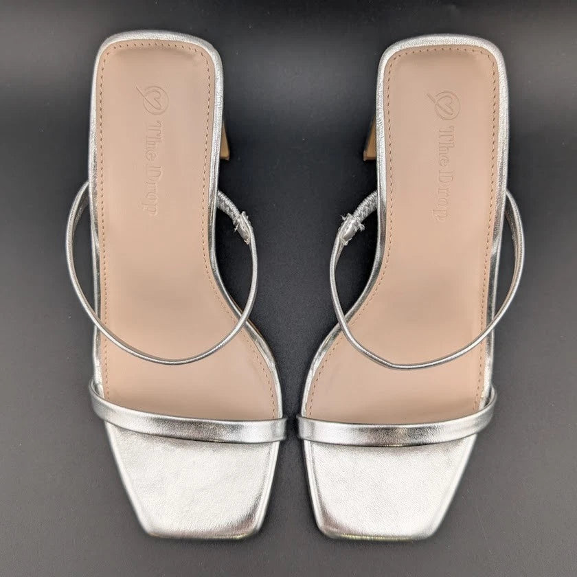 The Drop Size 8 Avery Women"s 3.5" Chunky Heel Toffee Brown Square Toe Slide Sandals The Drop