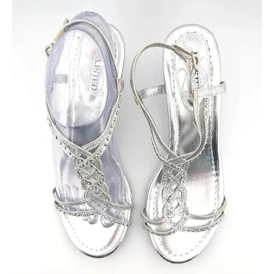 Women’s 8.5M Unlisted Silver Glitter Rhinestone Strappy Sandals With Kitten Heel Kenneth Cole Productions - SoleComfort.shoes
