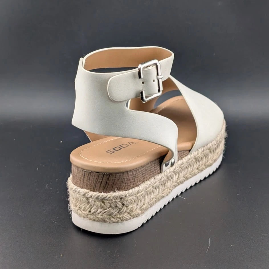Womens Size 7.5 Soda "Topic" Espadrille Ankle Strap Platform Sandal Off-White SoleComfort.shoes