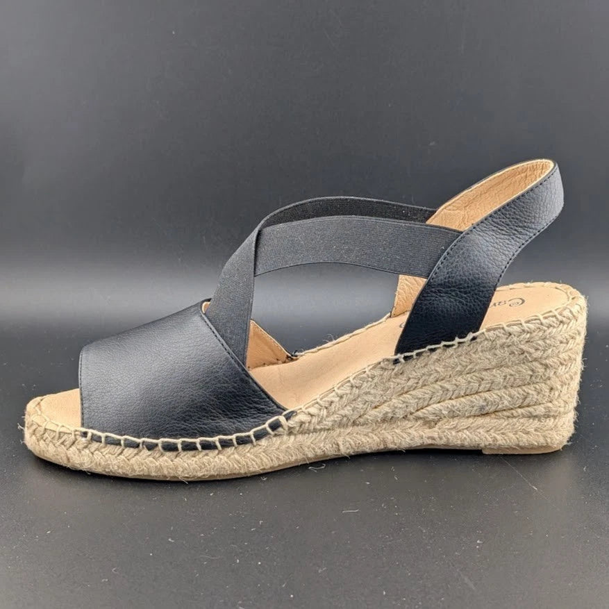 Women Size 9.5-10 (EU 40) Leather Espadrille Wedge Sandal Crossed Strap Peep Toe Made: Spain SoleComfort.shoes
