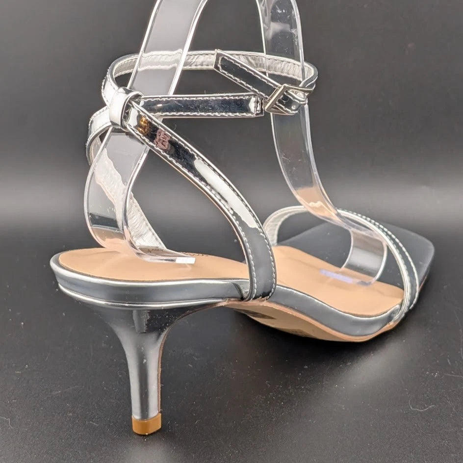 Women Size 10 Silver Comfort Thong Sandals w/Ankle Wrap Strap Square Toe 3" Heel SoleComfort.shoes
