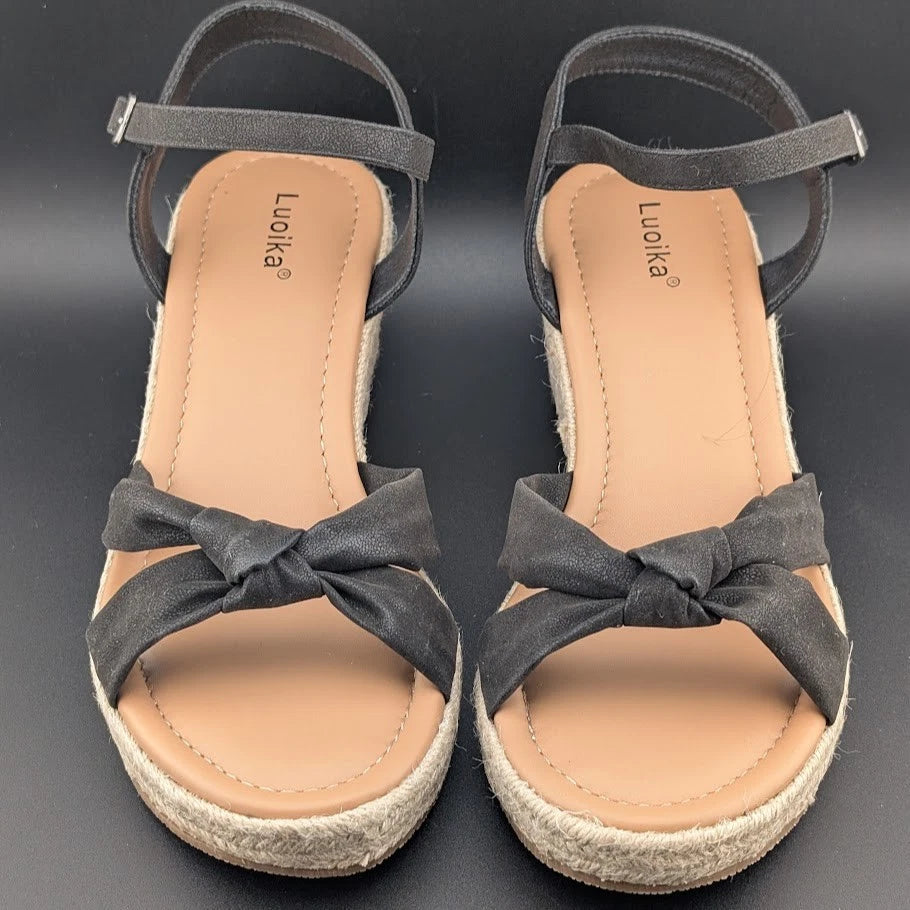 Luoika 9.5 Wide Womens Open Toe Espadrille Wedge Tie Lace Up Ankle Platforms. SoleComfort.shoes