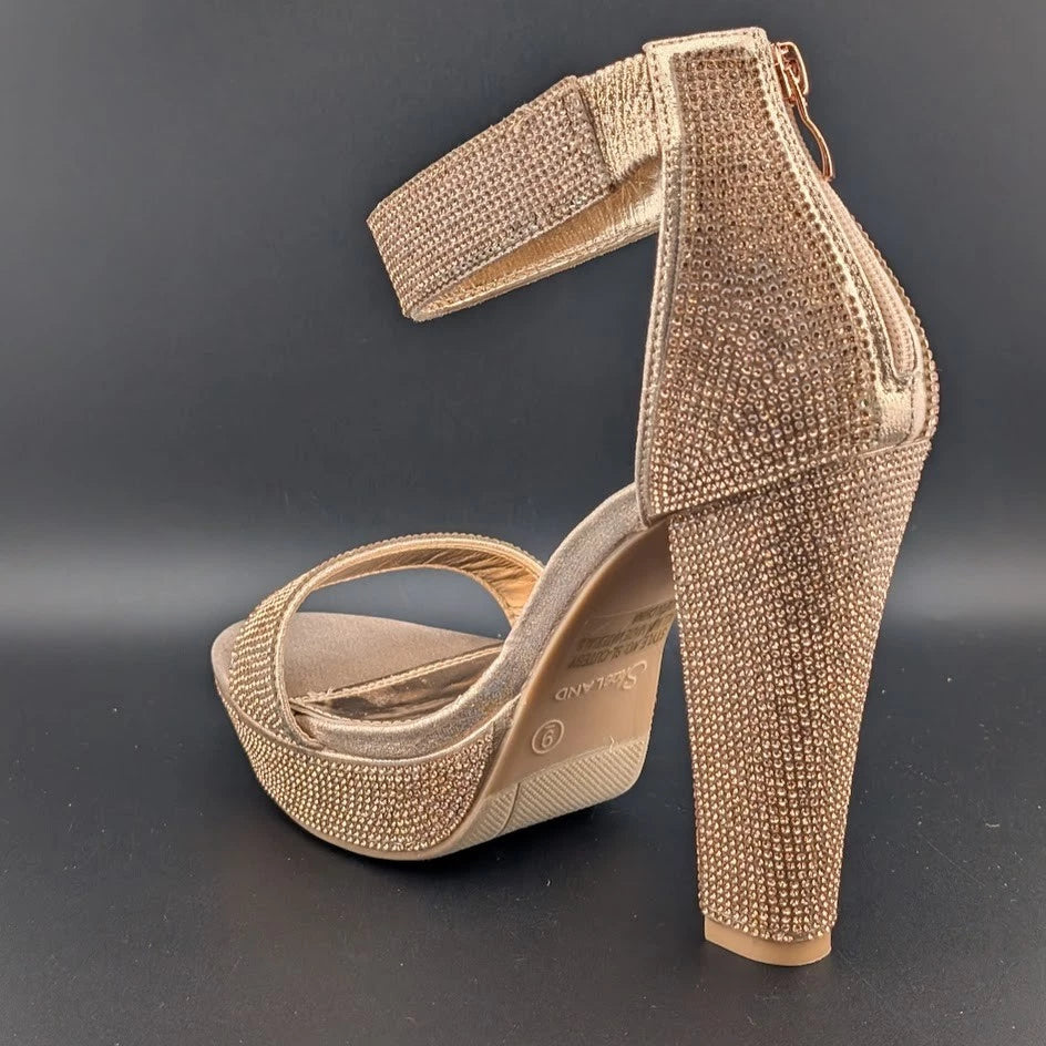ShoeLand Womens Sz 9 Bronze Rhinestone Platform Sandal Chunky Block 5" Heel Sexy SoleComfort.shoes