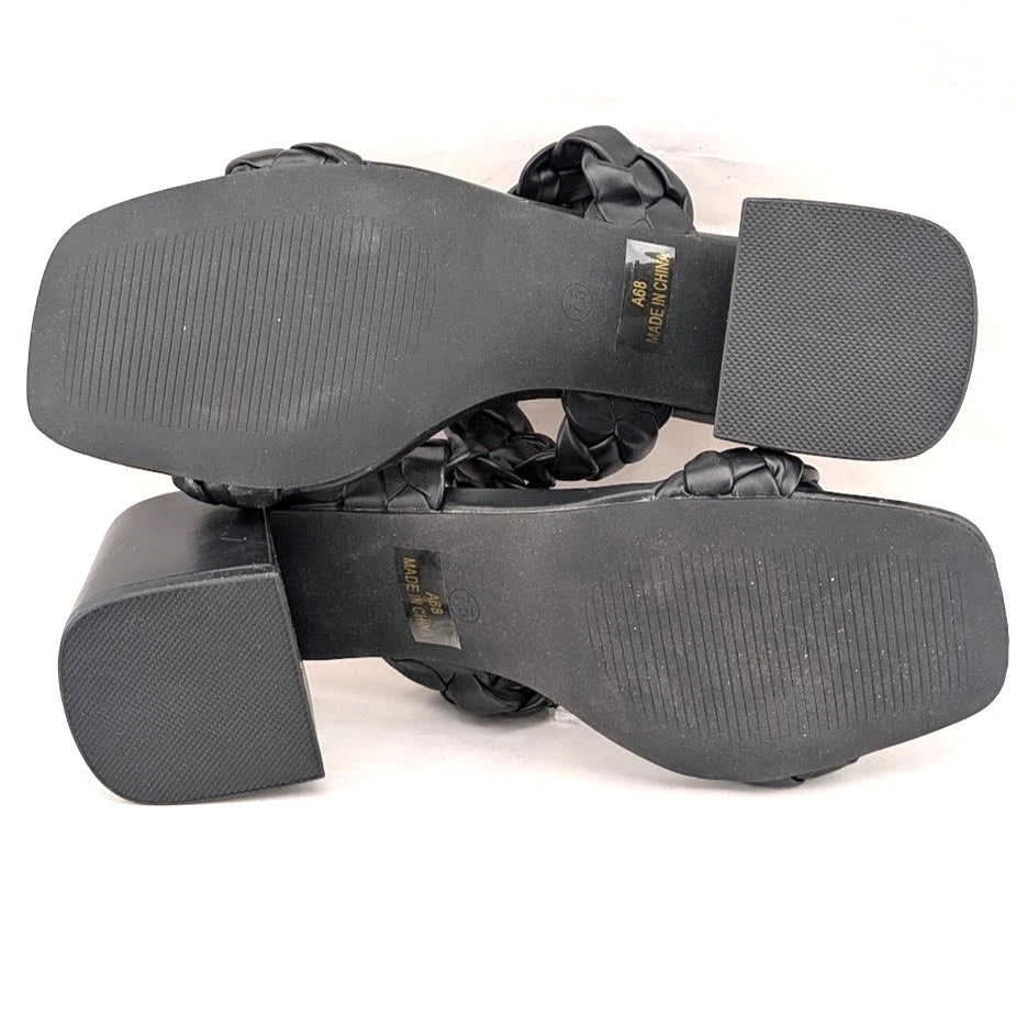 Women's Sz 7.5 Braided Heeled Sandals Strappy Square Toe Backless Mules Slip On SoleComfort.shoes