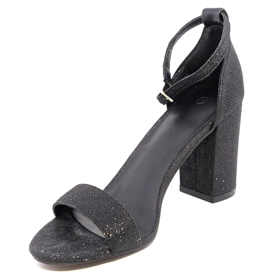 Mysoft Womens Sz 7.5 Black Sparkle Open-Toe Block Hi Heeled Ankle Strap Sandals SoleComfort.shoes