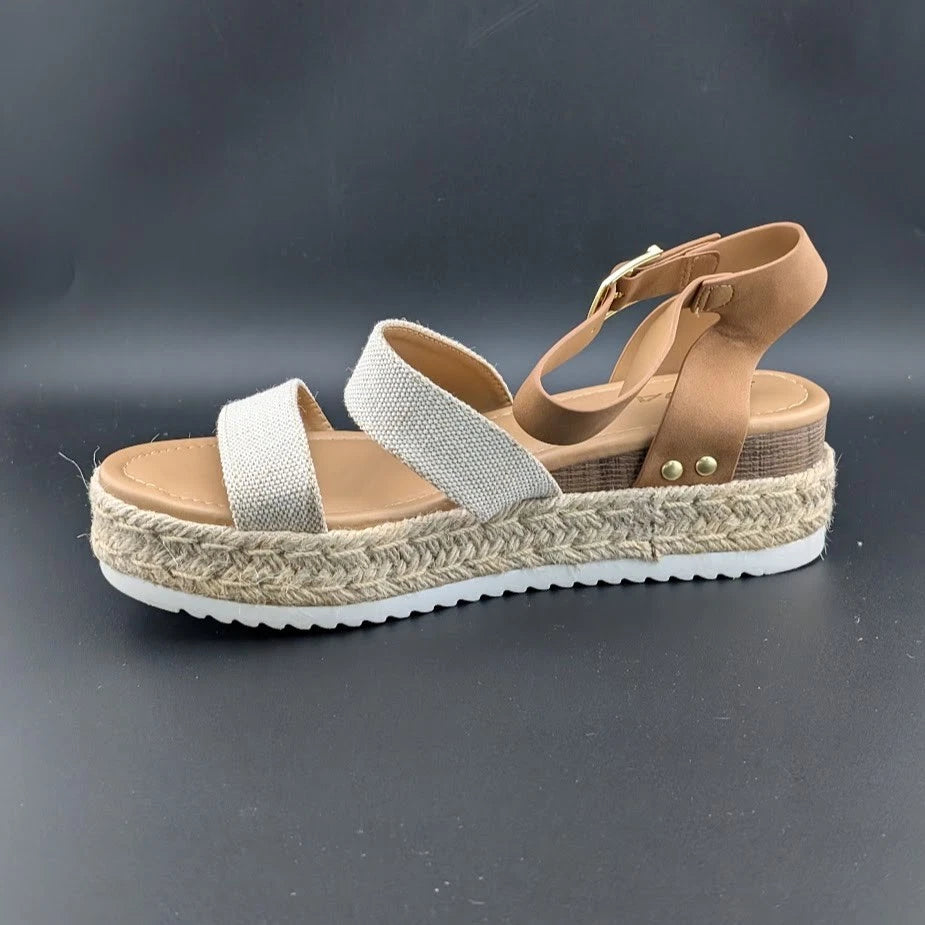 Women's Size 10 Soda Bryce Espadrille Ankle Strap Platform Sandal Light Brown SoleComfort.shoes