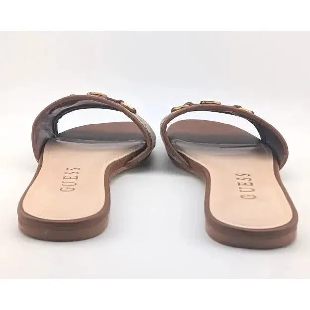 Pre-Owned Guess "Hammi" Women's Size 11 Slide Sandal Medium Brown with Medallion - SoleComfort.shoes