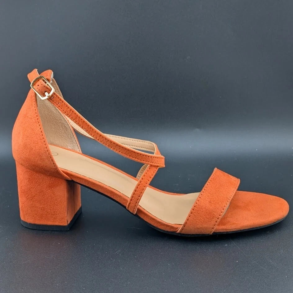 Women Size 7 Chunky Heel Cross-Strap Sandals Open Toe Wedding Dress Faux Suede SoleComfort.shoes
