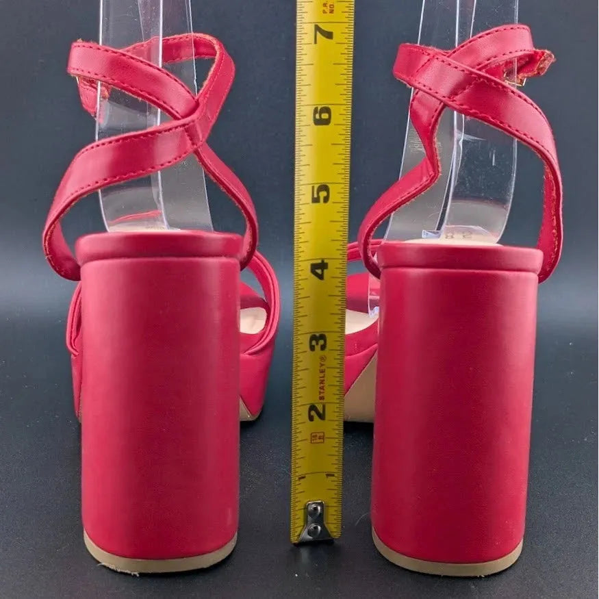 DREAM PAIRS Platform Heels SZ 8.5 Women Red Chunky Open Toe Ankle Strap Heels SoleComfort.shoes