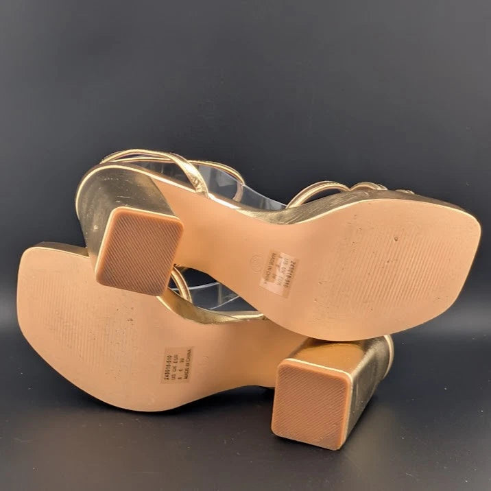 Trary Women's Size 8 Gold Strappy Platform 4" Chunky Heel Open Toe Sandals SoleComfort.shoes