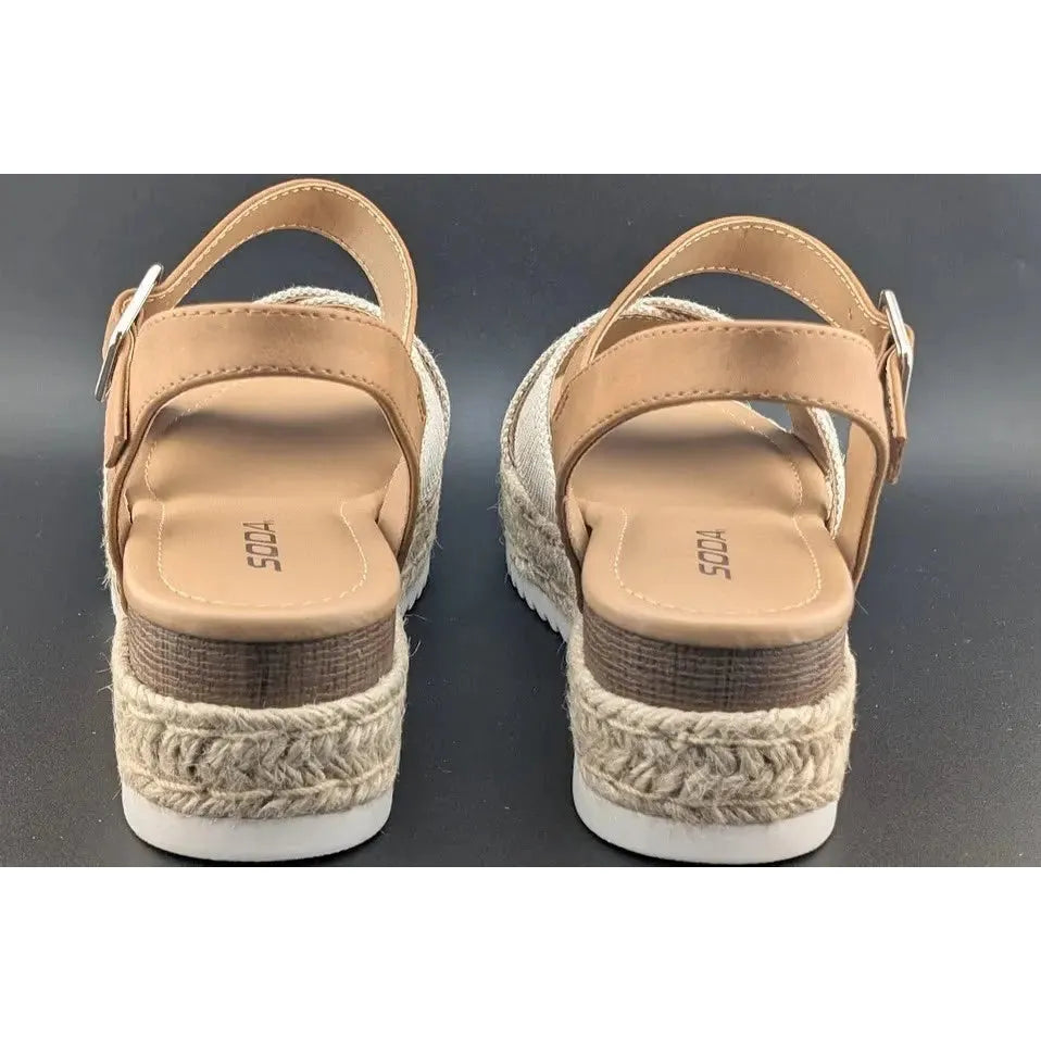 Womens Size 8 Soda "Firefly" Espadrille Ankle Strap Platform Sandal Light Brown SoleComfort.shoes