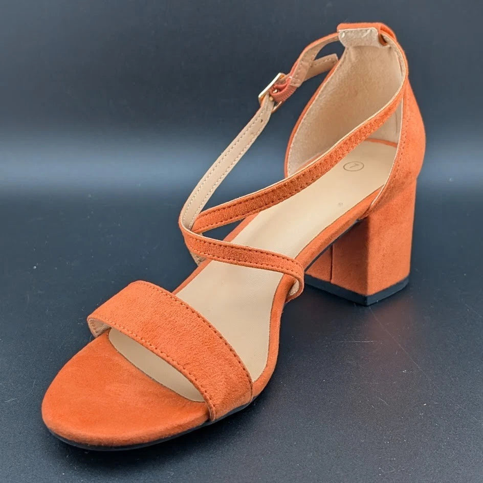 Women Size 7 Chunky Heel Cross-Strap Sandals Open Toe Wedding Dress Faux Suede SoleComfort.shoes