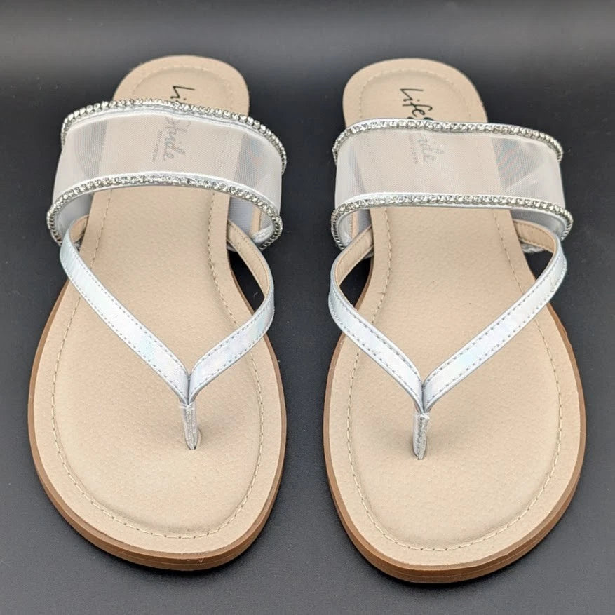 NEW Life Stride Women’s Size 11W Radiant Glow Slide Sandals Irridescent Silver SoleComfort.shoes