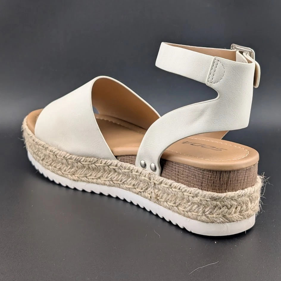 Womens Size 7.5 Soda "Topic" Espadrille Ankle Strap Platform Sandal Off-White SoleComfort.shoes