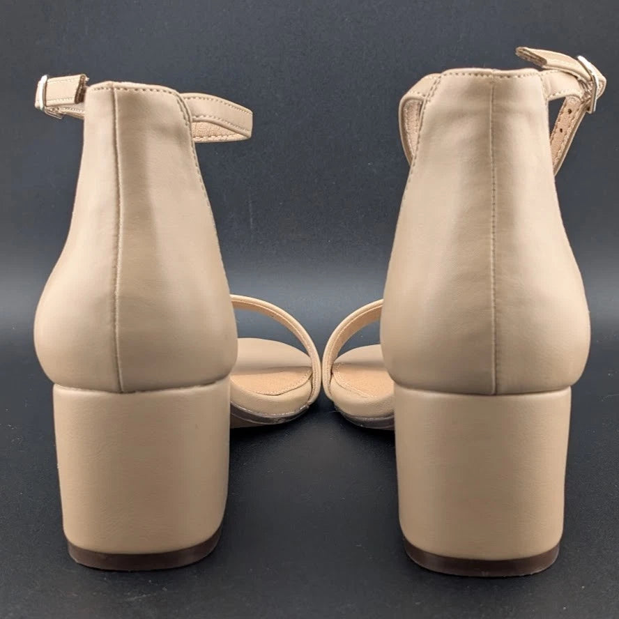 Women's Sz 7 Ankle Strap Heeled Sandals Open Round Toe Strappy Mid Block Heels SoleComfort.shoes